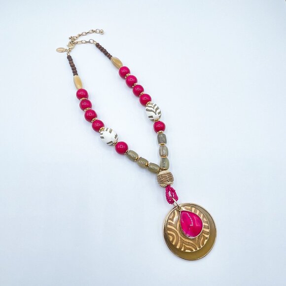 Chico's Layered Pendant Necklace With Pink & Beads Adjustable Chain - Picture 1 of 8